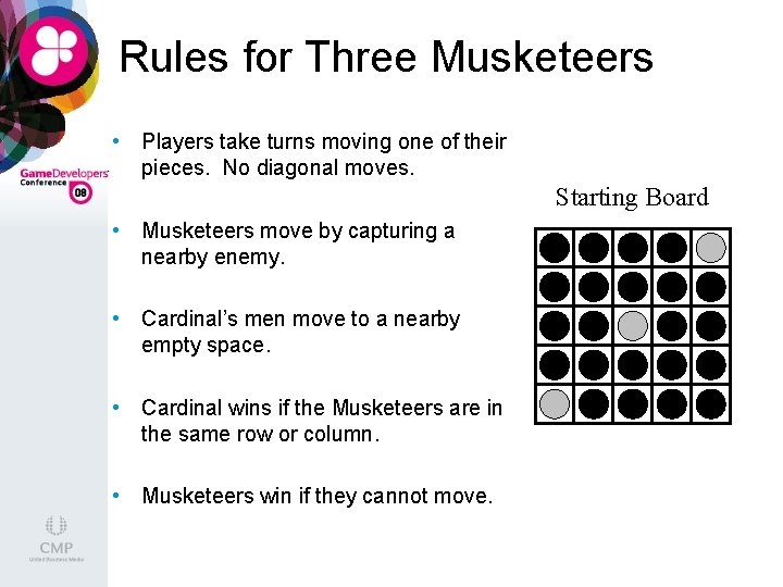 Rules for Three Musketeers • Players take turns moving one of their pieces. No