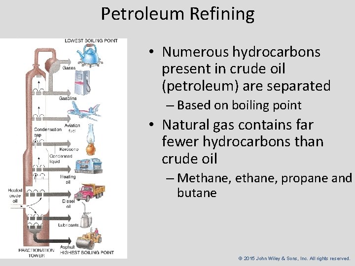Petroleum Refining • Numerous hydrocarbons present in crude oil (petroleum) are separated – Based