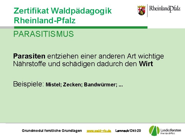 Zertifikat Waldpädagogik Rheinland-Pfalz PARASITISMUS Parasiten entziehen einer anderen Art wichtige Nährstoffe und schädigen dadurch