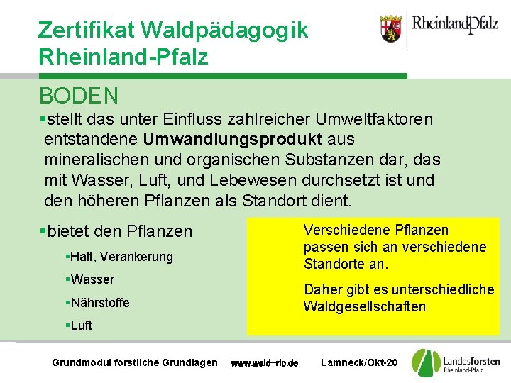 Zertifikat Waldpädagogik Rheinland-Pfalz BODEN §stellt das unter Einfluss zahlreicher Umweltfaktoren entstandene Umwandlungsprodukt aus mineralischen
