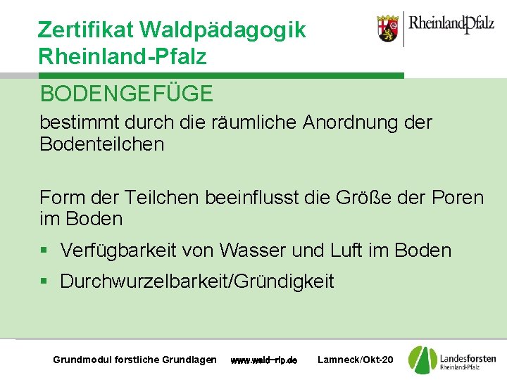 Zertifikat Waldpädagogik Rheinland-Pfalz BODENGEFÜGE bestimmt durch die räumliche Anordnung der Bodenteilchen Form der Teilchen
