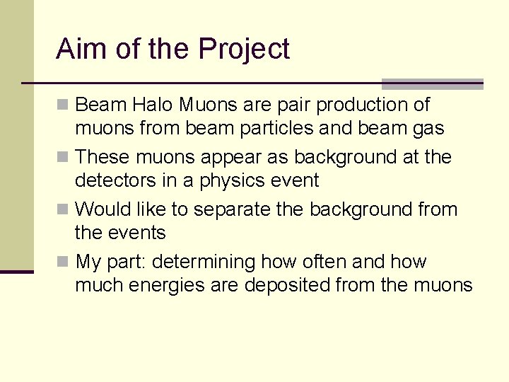 Aim of the Project n Beam Halo Muons are pair production of muons from