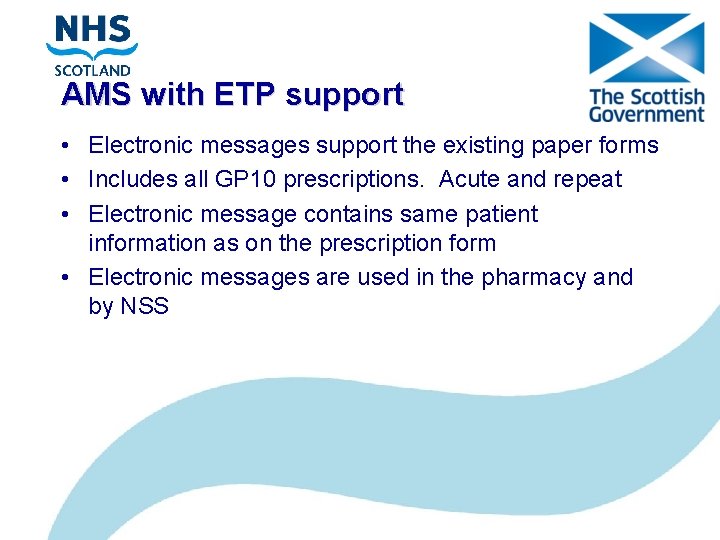 AMS with ETP support • Electronic messages support the existing paper forms • Includes