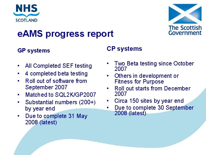 e. AMS progress report GP systems CP systems • All Completed SEF testing •