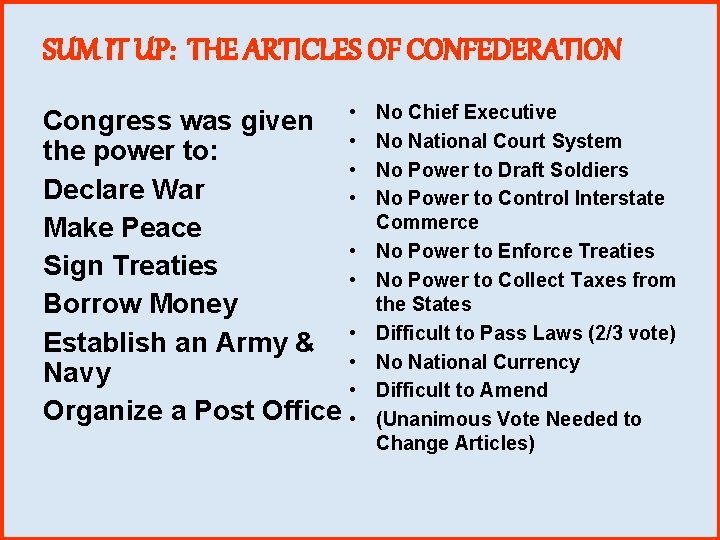 SUM IT UP: THE ARTICLES OF CONFEDERATION Congress was given • • the power