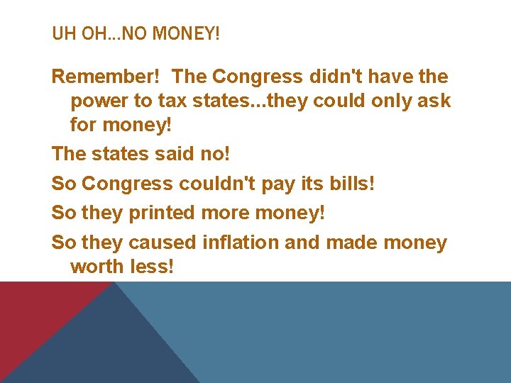 UH OH. . . NO MONEY! Remember! The Congress didn't have the power to