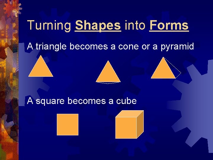 Turning Shapes into Forms A triangle becomes a cone or a pyramid A square