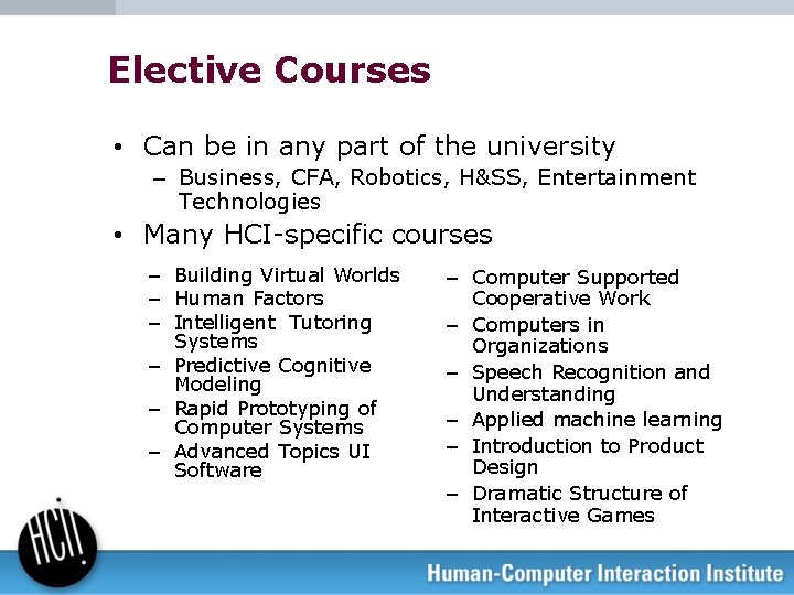 Elective Courses • Can be in any part of the university – Business, CFA,