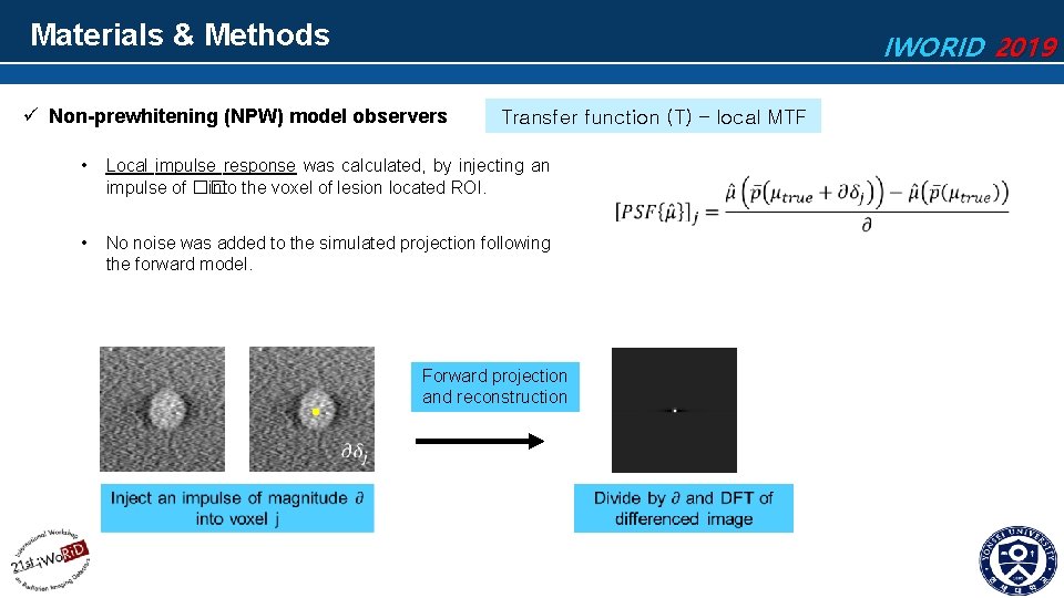 Materials & Methods IWORID 2019 ü Non-prewhitening (NPW) model observers Transfer function (T) –