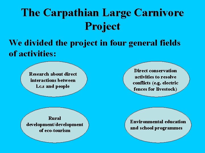 The Carpathian Large Carnivore Project We divided the project in four general fields of