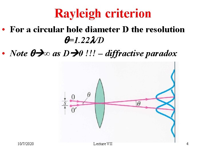 Rayleigh criterion • For a circular hole diameter D the resolution q=1. 22 l/D