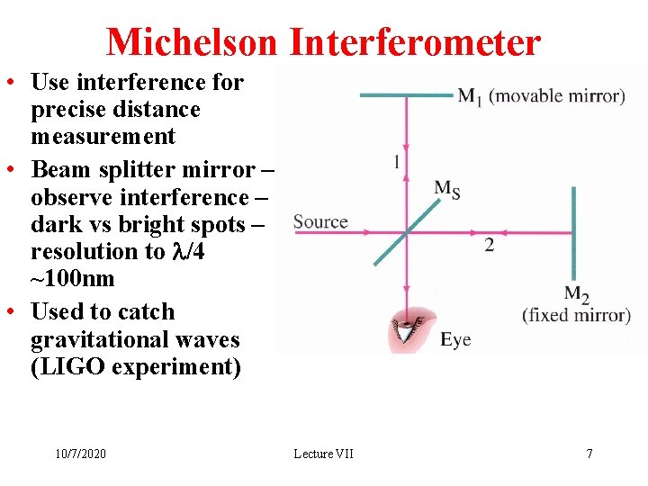 Michelson Interferometer • Use interference for precise distance measurement • Beam splitter mirror –