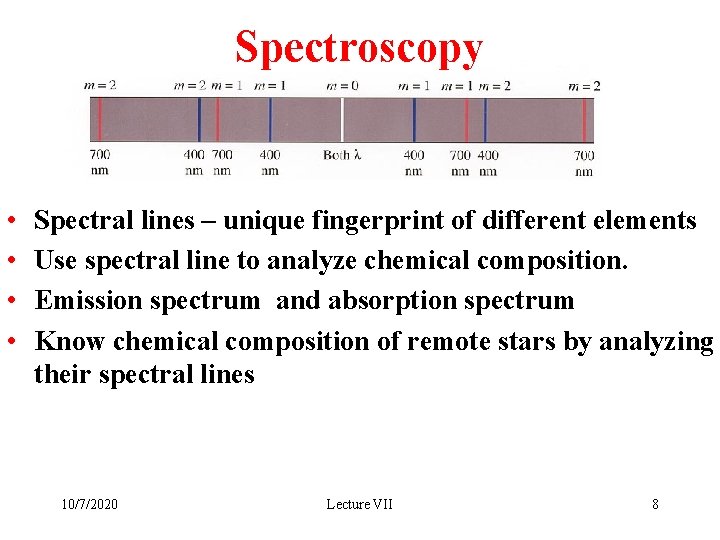 Spectroscopy • • Spectral lines – unique fingerprint of different elements Use spectral line