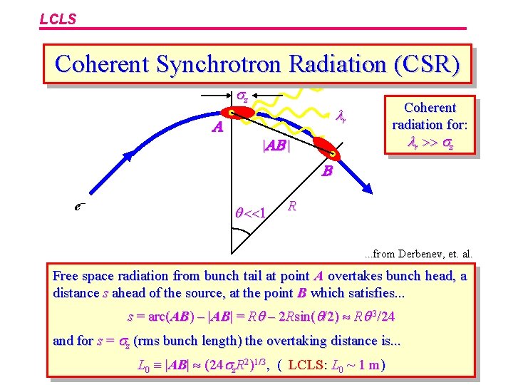 LCLS Coherent Synchrotron Radiation (CSR) z A Coherent radiation for: lr >> z lr