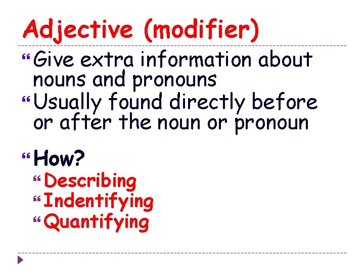 Adjective (modifier) Give extra information about nouns and pronouns Usually found directly before or