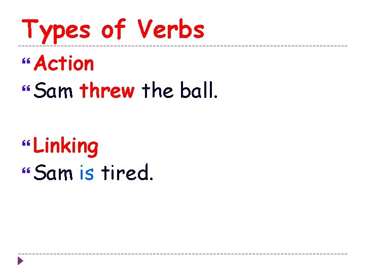 Types of Verbs Action Sam threw the ball. Linking Sam is tired. 