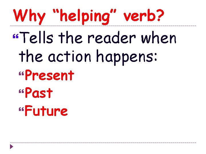 Why “helping” verb? Tells the reader when the action happens: Present Past Future 