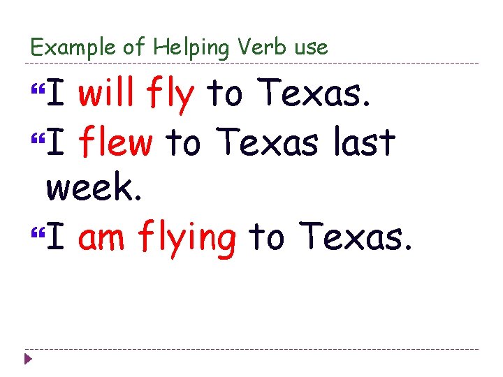 Example of Helping Verb use I will fly to Texas. I flew to Texas