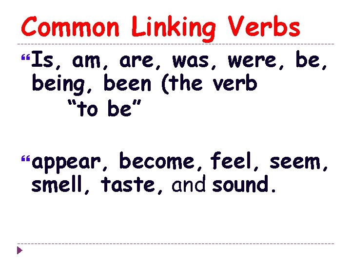Common Linking Verbs Is, am, are, was, were, being, been (the verb “to be”