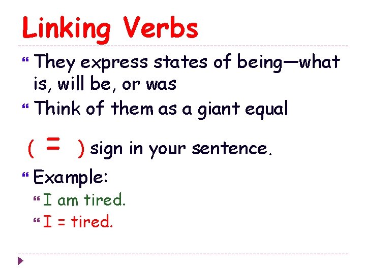 Linking Verbs They express states of being—what is, will be, or was Think of