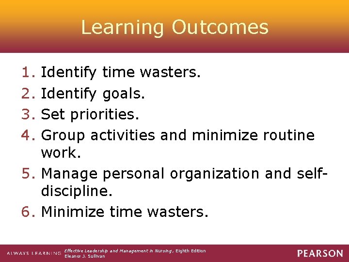 Learning Outcomes 1. 2. 3. 4. Identify time wasters. Identify goals. Set priorities. Group