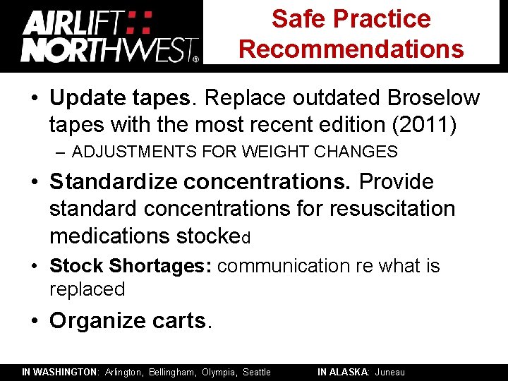 Safe Practice Recommendations • Update tapes. Replace outdated Broselow tapes with the most recent