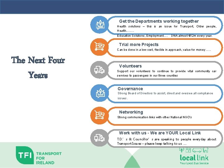 Get the Departments working together Health solutions – this is an issue for Transport,