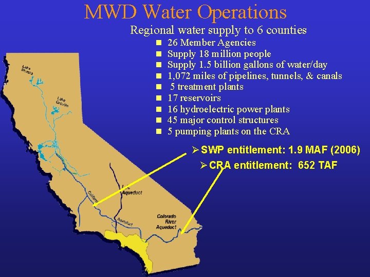 MWD Water Operations Regional water supply to 6 counties n n n n n