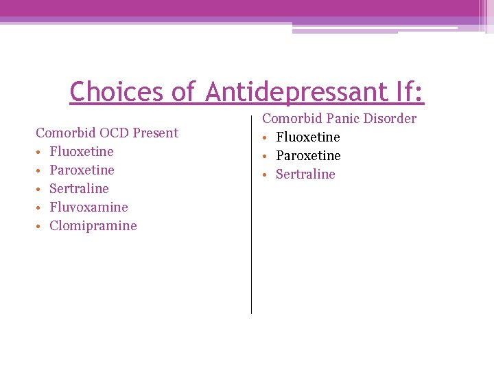 Choices of Antidepressant If: Comorbid OCD Present • Fluoxetine • Paroxetine • Sertraline •