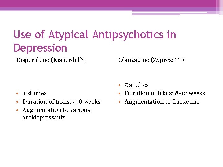 Use of Atypical Antipsychotics in Depression Risperidone (Risperdal®) • 3 studies • Duration of