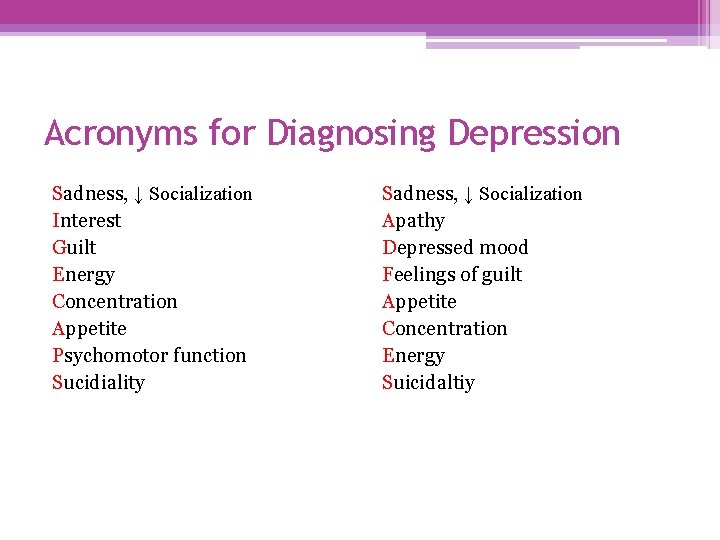 Acronyms for Diagnosing Depression Sadness, ↓ Socialization Interest Guilt Energy Concentration Appetite Psychomotor function