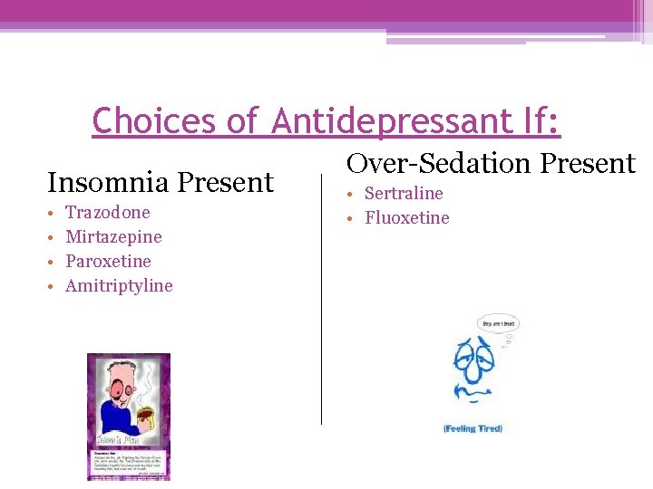 Choices of Antidepressant If: Insomnia Present • • Trazodone Mirtazepine Paroxetine Amitriptyline Over-Sedation Present