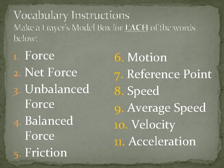 Vocabulary Instructions Make a Frayer’s Model Box for EACH of the words below: 1.