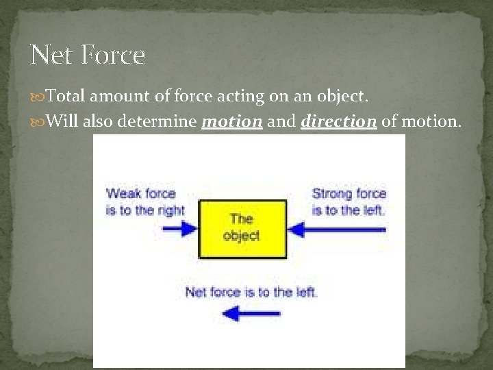 Net Force Total amount of force acting on an object. Will also determine motion