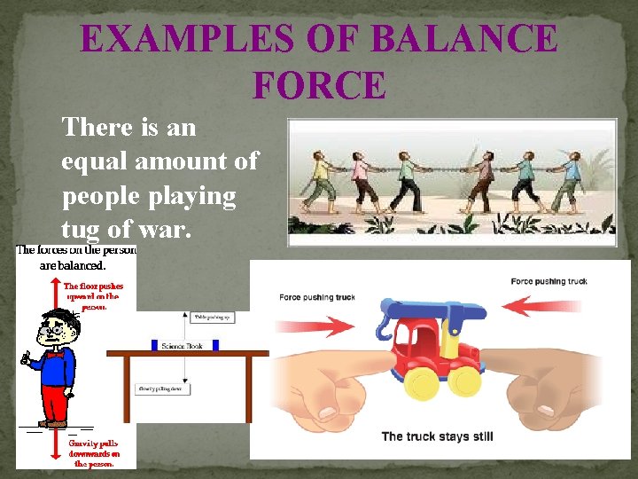 EXAMPLES OF BALANCE FORCE There is an equal amount of people playing tug of