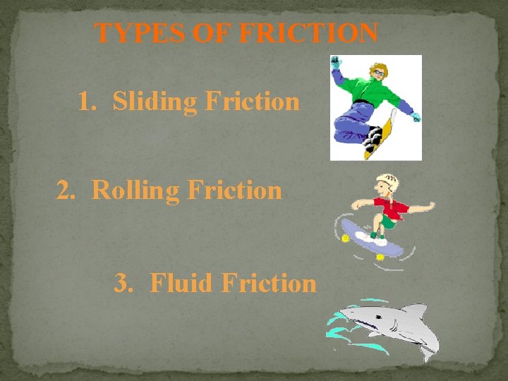 TYPES OF FRICTION 1. Sliding Friction 2. Rolling Friction 3. Fluid Friction 