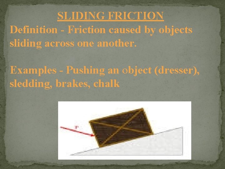 SLIDING FRICTION Definition - Friction caused by objects sliding across one another. Examples -