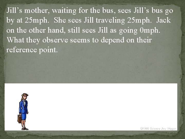 Jill’s mother, waiting for the bus, sees Jill’s bus go by at 25 mph. Jill’s mother, waiting for the bus, sees Jill’s bus go by at 25 mph.