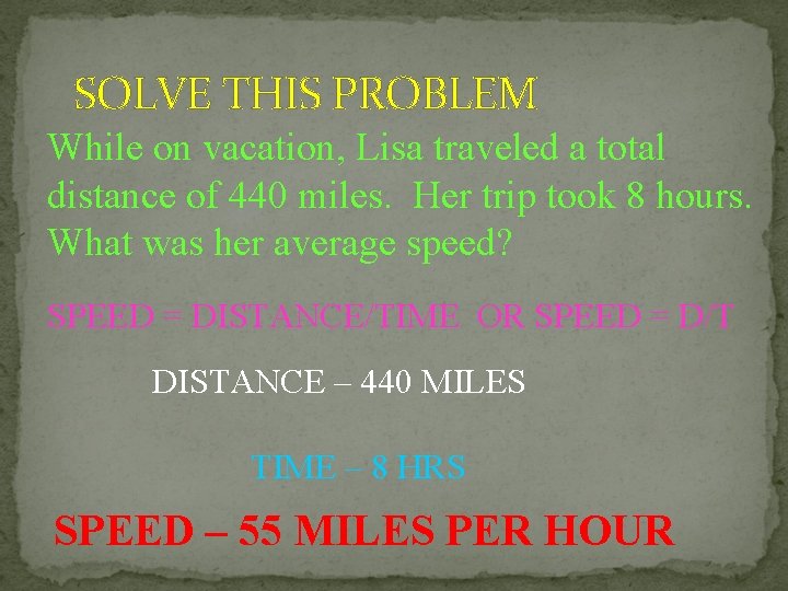 SOLVE THIS PROBLEM While on vacation, Lisa traveled a total distance of 440 miles. SOLVE THIS PROBLEM While on vacation, Lisa traveled a total distance of 440 miles.