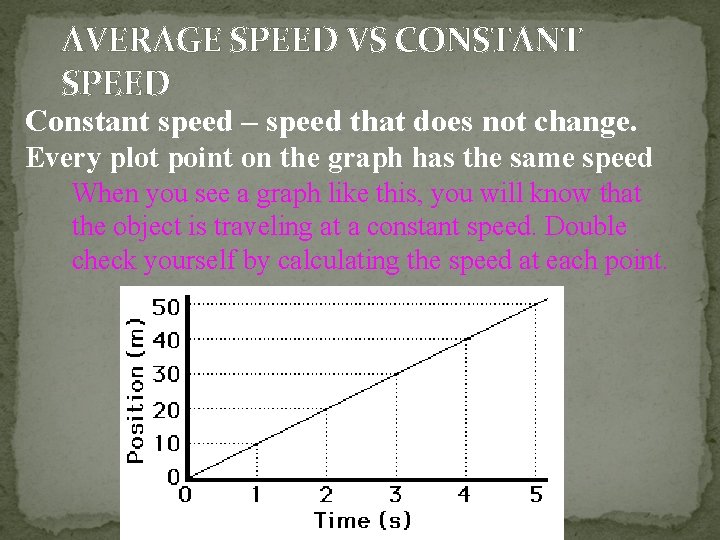 AVERAGE SPEED VS CONSTANT SPEED Constant speed – speed that does not change. Every