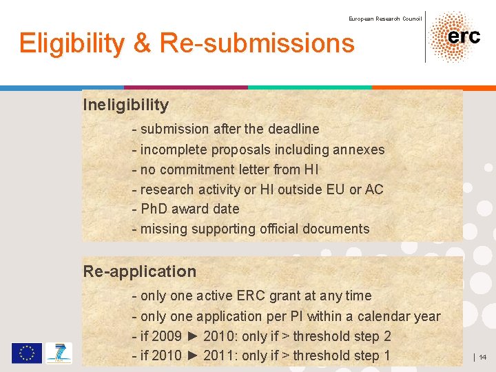 European Research Council Eligibility & Re-submissions Ineligibility - submission after the deadline - incomplete