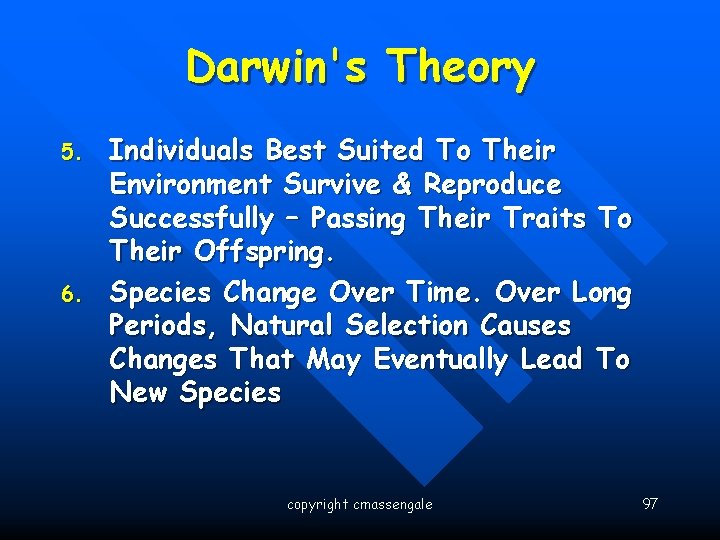 Darwin's Theory 5. 6. Individuals Best Suited To Their Environment Survive & Reproduce Successfully