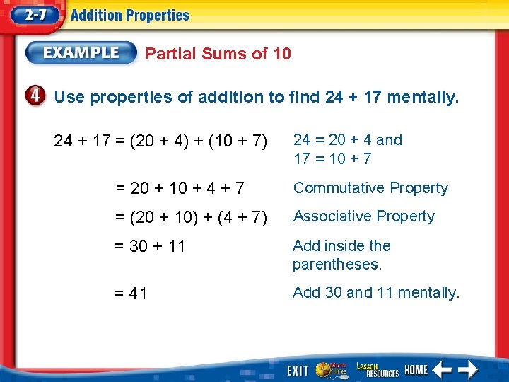 Partial Sums of 10 Use properties of addition to find 24 + 17 mentally.