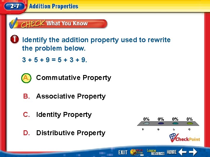 Identify the addition property used to rewrite the problem below. 3 + 5 +