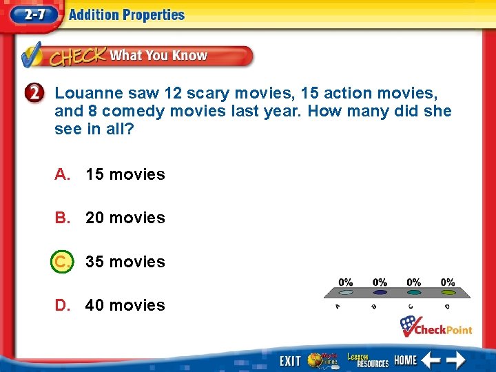 Louanne saw 12 scary movies, 15 action movies, and 8 comedy movies last year.