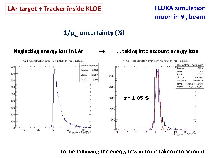 FLUKA simulation muon in nm beam LAr target + Tracker inside KLOE 1/pyz uncertainty
