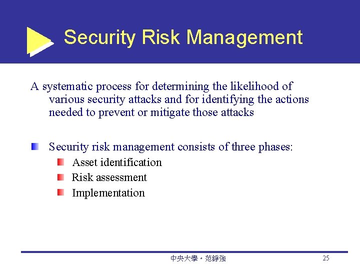 Security Risk Management A systematic process for determining the likelihood of various security attacks