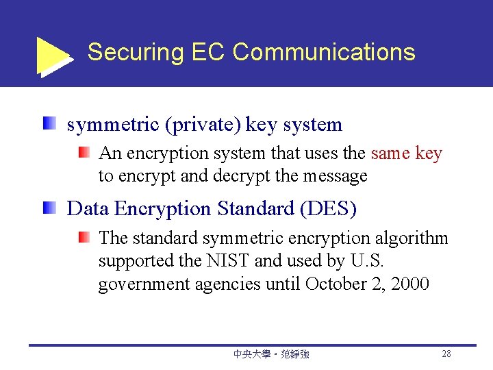 Securing EC Communications symmetric (private) key system An encryption system that uses the same