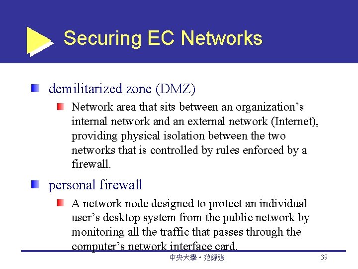 Securing EC Networks demilitarized zone (DMZ) Network area that sits between an organization’s internal