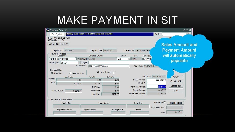 MAKE PAYMENT IN SIT Sales Amount and Payment Amount will automatically populate 